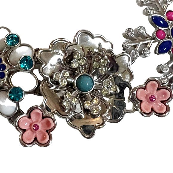 Lia Sophia 3D Flower Rhinestone Statement Bib Necklace w Blue Beads Silvertone - Picture 3 of 11